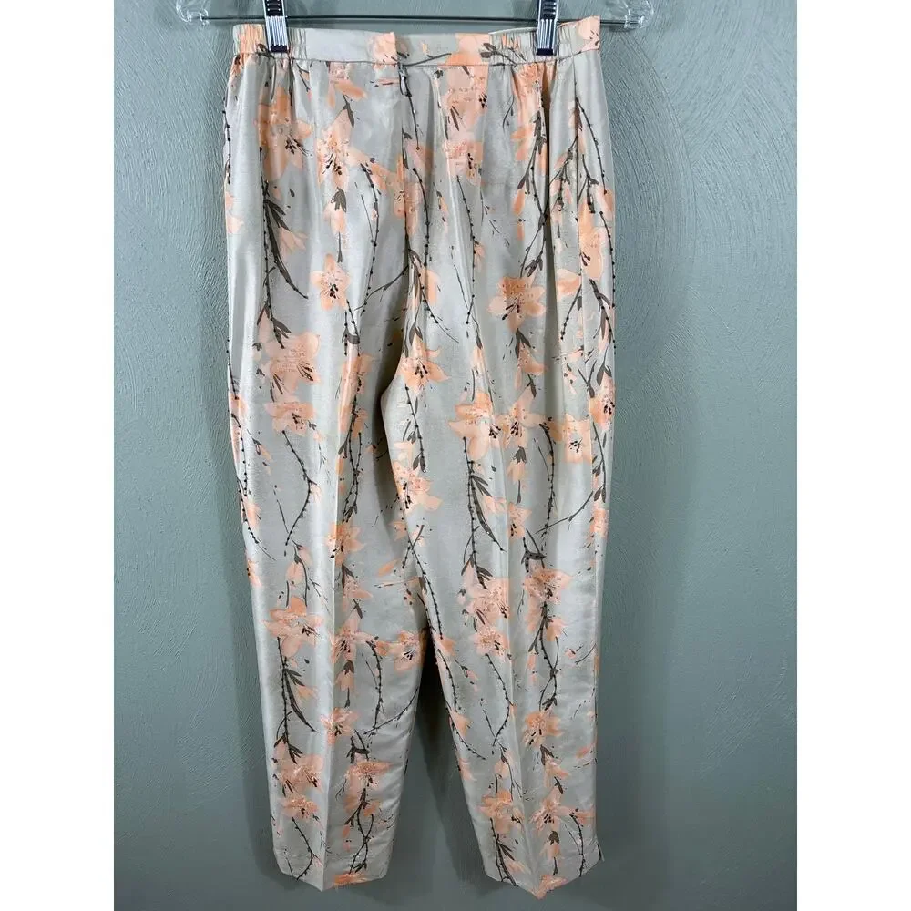 Adrianna Papell Pant Suit Women's Size 6‎ Peach Silk Floral Bead Asian Inspired